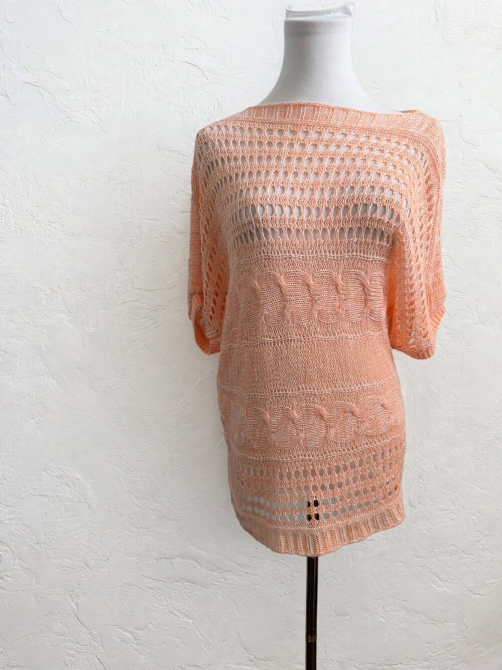 Suzy Shier Peach Open Knit Dolman Sweater Boat Neck M Fairycore